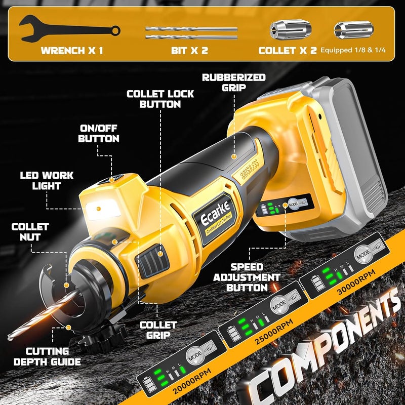 Ecarke Cordless Drywall Cutting Tool Compatible with DeWALT Battery: Up to 30000 RPM Brushless Router 20v Saw with 3 Speed Adjustable,Drywall Rotary Tool for Sheetrock,Wood,Plywood(Tool Only) - Image 3